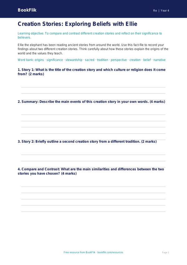 Free Creation Stories Template | Year 4 | Religious Education | BookFlik worksheet preview — Re Creation Stories