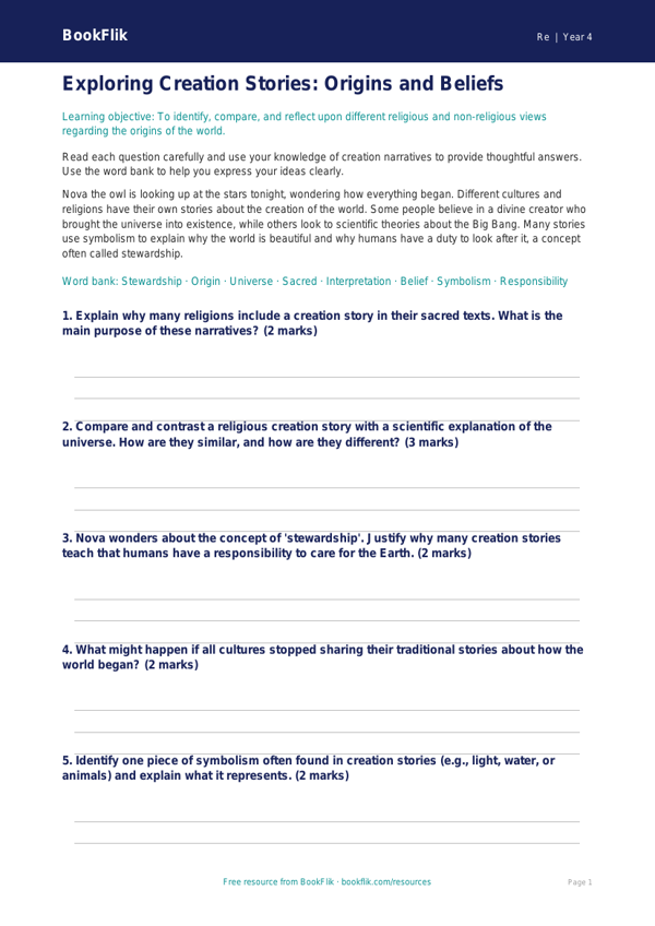 Free Creation Stories Worksheet | Year 4 | Religious Education | BookFlik worksheet preview — Re Creation Stories