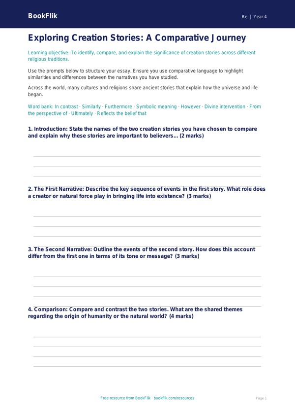 Free Creation Stories Writing Frame | Year 4 | Religious Education | BookFlik worksheet preview — Re Creation Stories
