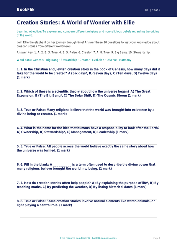 Free Creation Stories Quiz | Year 5 | Religious Education | BookFlik worksheet preview — Re Creation Stories