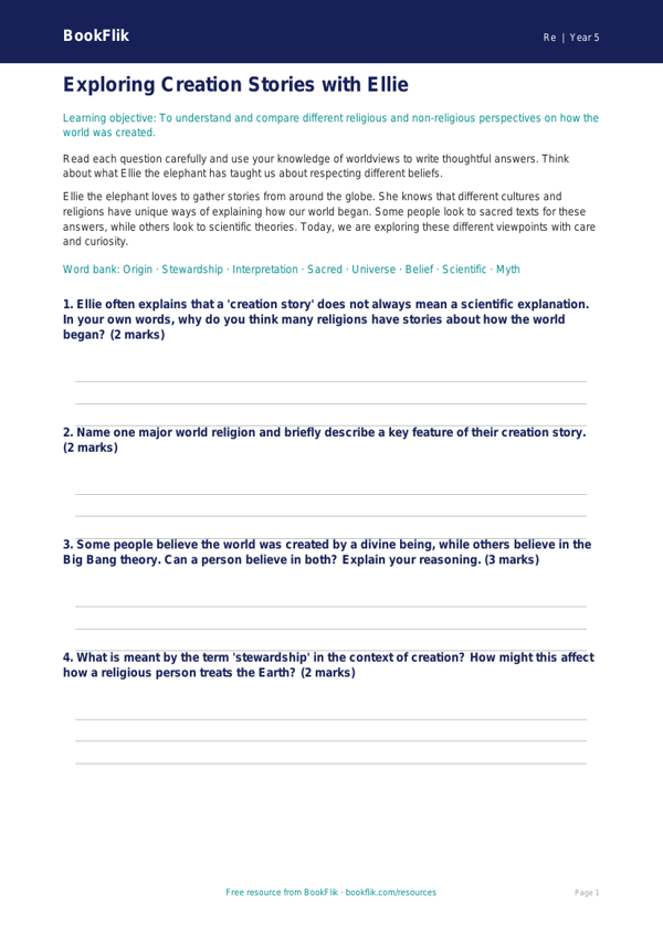 Free Creation Stories Worksheet | Year 5 | Religious Education | BookFlik worksheet preview — Re Creation Stories