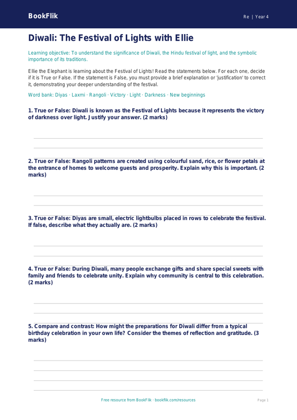 Free Diwali Activity Sheet | Year 4 | Religious Education | BookFlik worksheet preview — Re Diwali