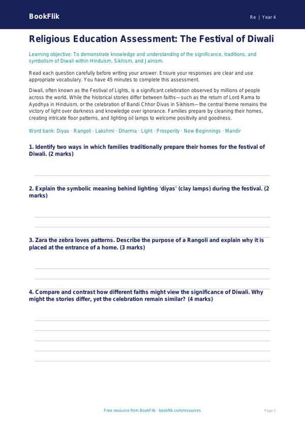 Diwali Assessment Year 4 | Religious Education | BookFlik worksheet preview — Re Diwali