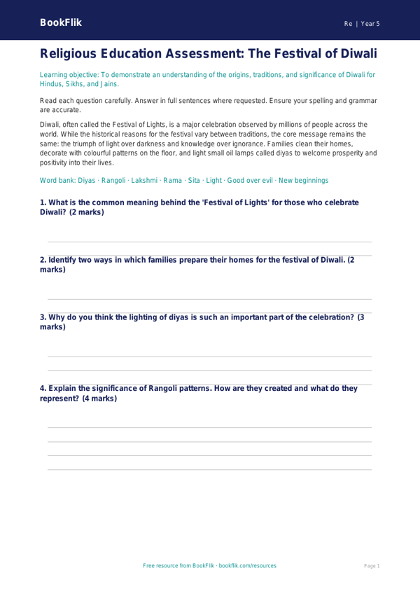 Diwali Assessment Year 5 | Free Religious Education Resource | BookFlik worksheet preview — Re Diwali