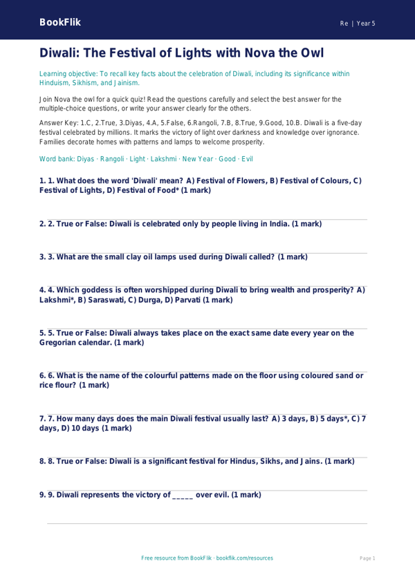 Diwali Quiz Year 5 Free | Religious Education Resources | BookFlik worksheet preview — Re Diwali