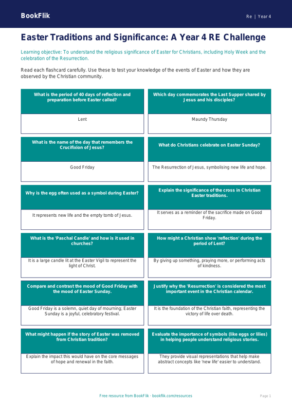 Free Easter Flashcards | Year 4 | Religious Education | BookFlik worksheet preview — Re Easter