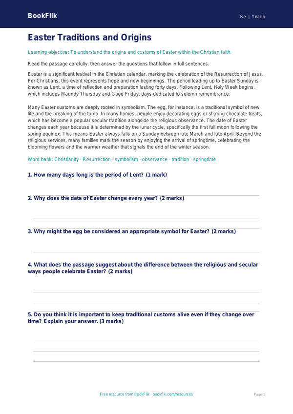 Free Easter Comprehension | Year 5 | Religious Education | BookFlik worksheet preview — Re Easter
