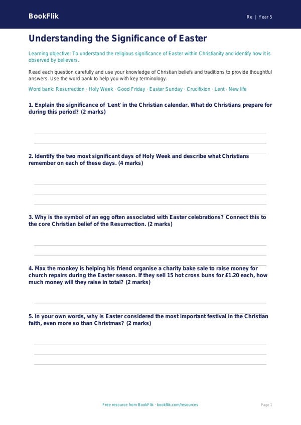 Easter Worksheet Year 5 Free | Religious Education | BookFlik worksheet preview — Re Easter