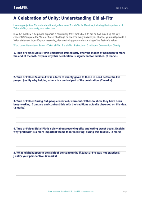 Free Eid Activity Sheet | Year 4 | Religious Education | BookFlik worksheet preview — Re Eid