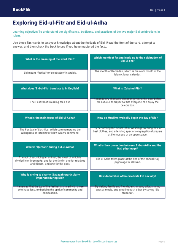 Free Eid Flashcards | Year 4 | Religious Education | BookFlik worksheet preview — Re Eid