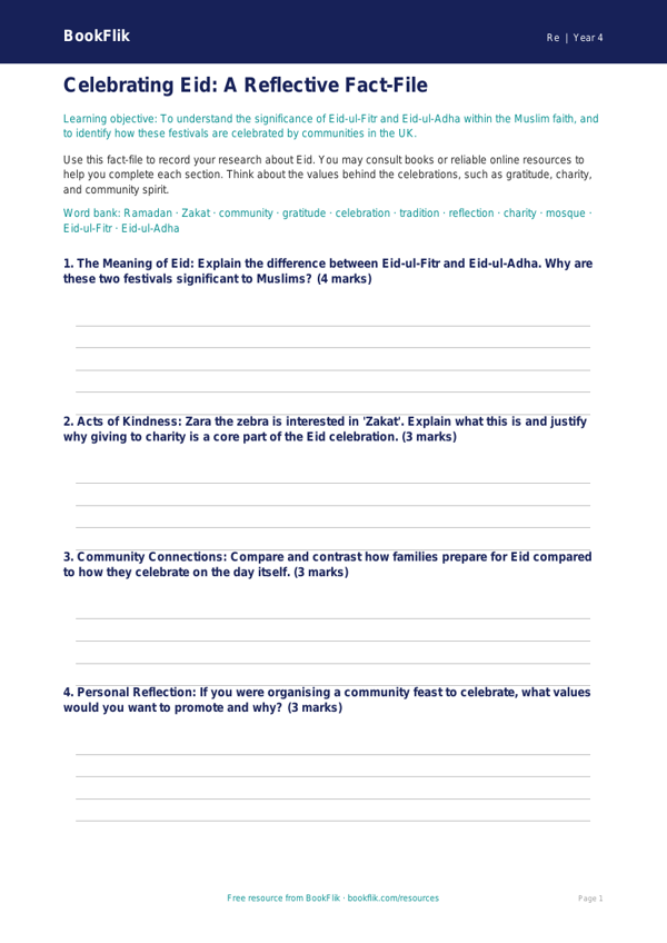 Free Eid Template | Year 4 | Religious Education | BookFlik worksheet preview — Re Eid