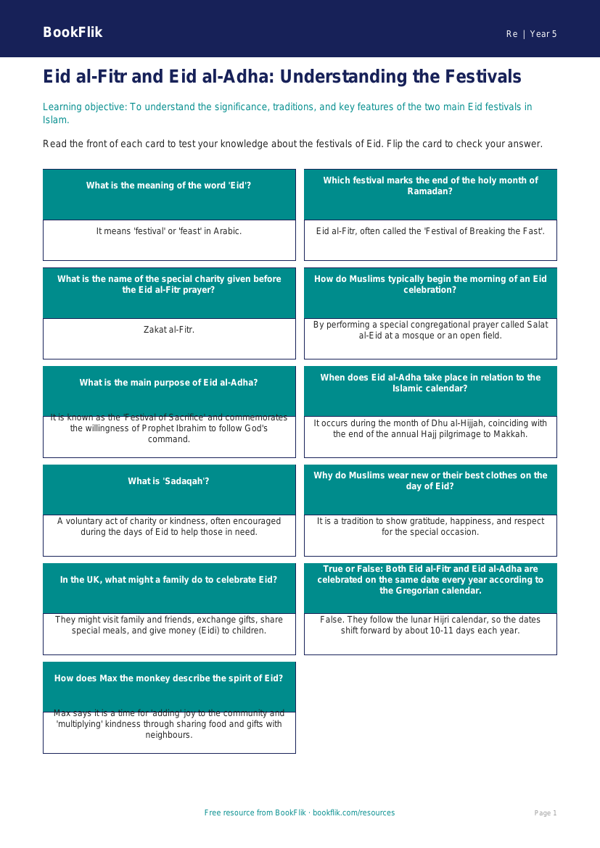 Free Eid Flashcards | Year 5 | Religious Education | BookFlik worksheet preview — Re Eid
