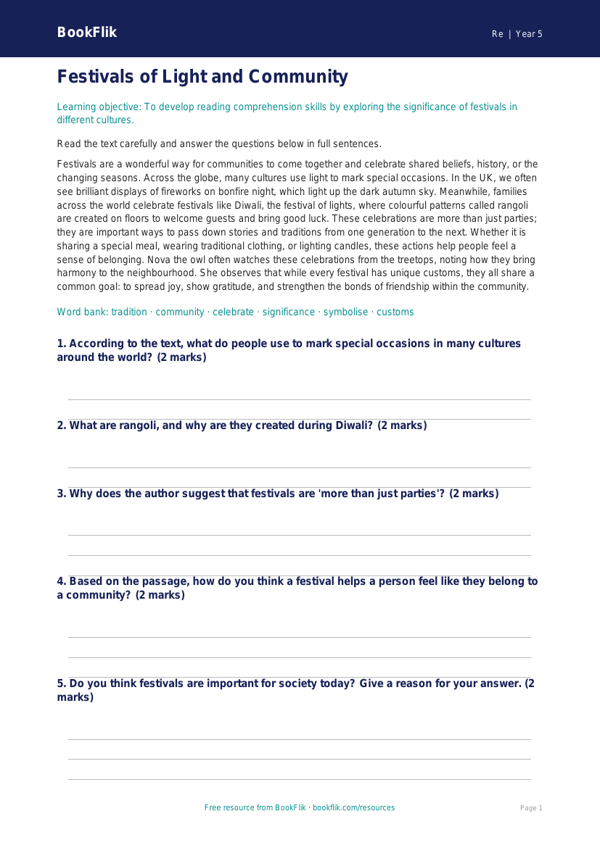 Free Festivals Comprehension | Year 5 | Religious Education | BookFlik worksheet preview — Re Festivals