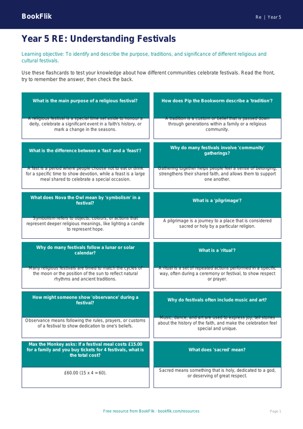 Free Festivals Flashcards | Year 5 | Religious Education | BookFlik worksheet preview — Re Festivals