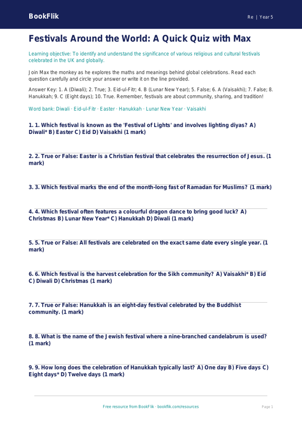 Festivals Quiz Year 5 | Religious Education Resources | BookFlik worksheet preview — Re Festivals