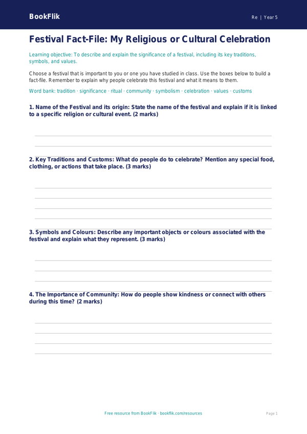 Free Festivals Template | Year 5 | Religious Education | BookFlik worksheet preview — Re Festivals