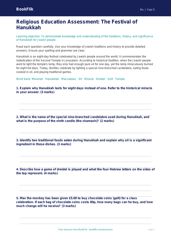 Free Hanukkah Assessment | Year 5 | Religious Education | BookFlik worksheet preview — Re Hanukkah