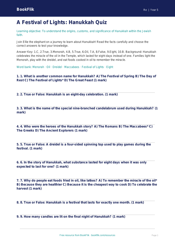 Hanukkah Quiz for Year 5 | Australian Curriculum Religious Education worksheet preview — Re Hanukkah