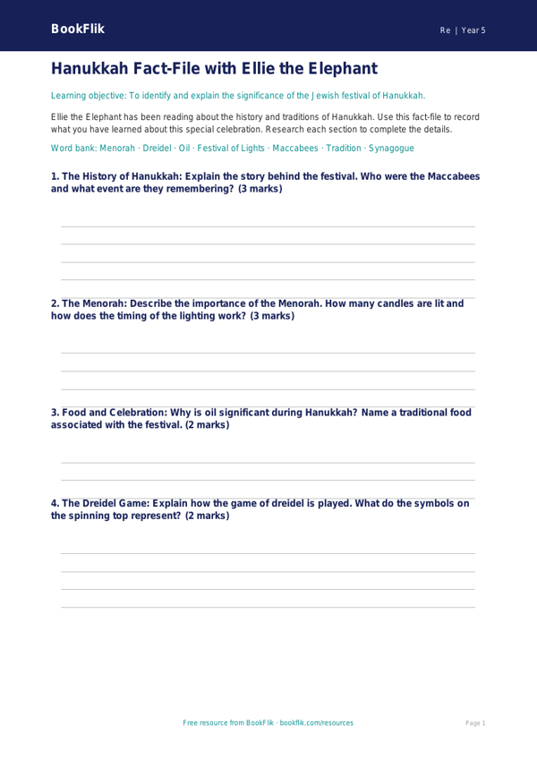 Free Hanukkah Template | Year 5 | Religious Education | BookFlik worksheet preview — Re Hanukkah
