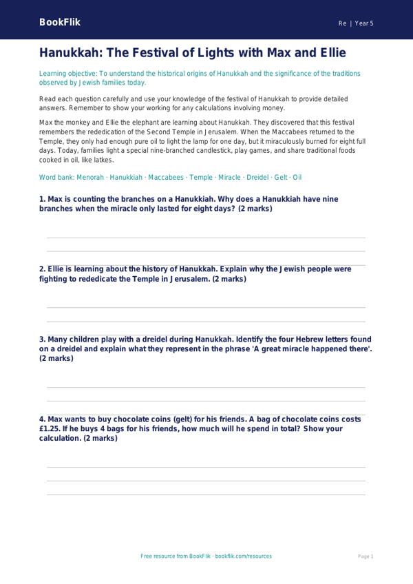 Free Hanukkah Worksheet | Year 5 | Religious Education | BookFlik worksheet preview — Re Hanukkah