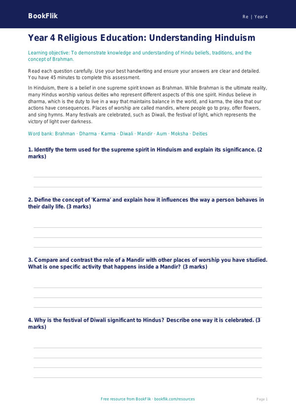 Free Hinduism Assessment | Year 4 | Religious Education | BookFlik worksheet preview — Re Hinduism