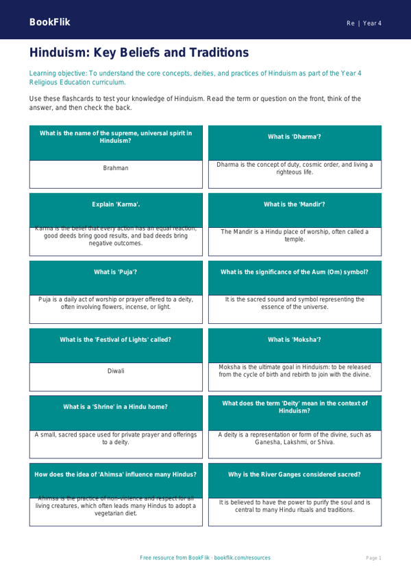 Hinduism Flashcards for Year 4 | Religious Education Resources | BookFlik worksheet preview — Re Hinduism