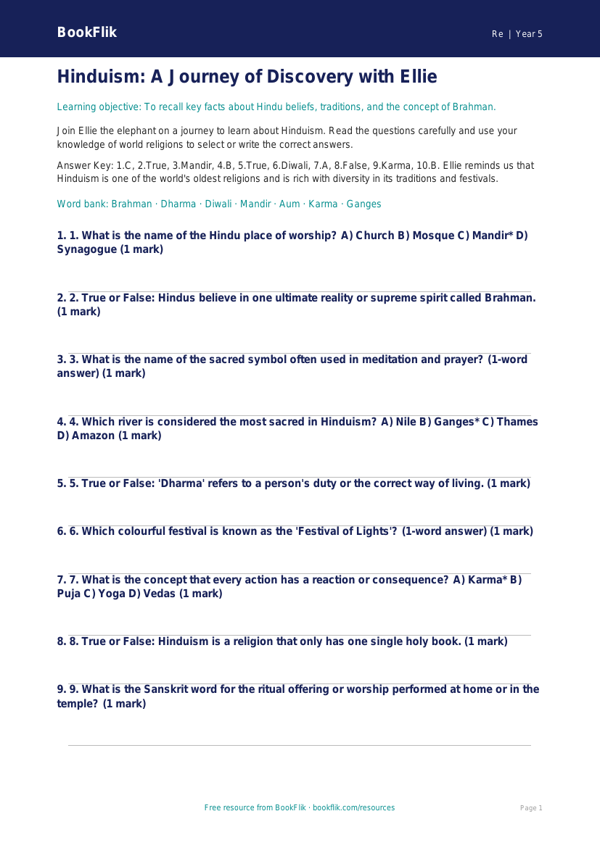 Free Hinduism Quiz | Year 5 | Religious Education | BookFlik worksheet preview — Re Hinduism