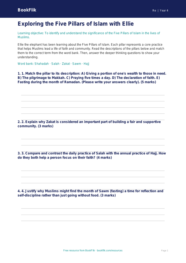 Free Islam Activity Sheet | Year 4 | Religious Education | BookFlik worksheet preview — Re Islam