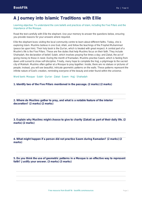 Free Islam Comprehension | Year 4 | Religious Education | BookFlik worksheet preview — Re Islam
