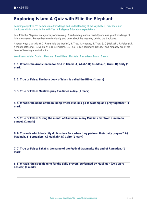 Islam Quiz Year 4 Free | Religious Education Resources | BookFlik worksheet preview — Re Islam