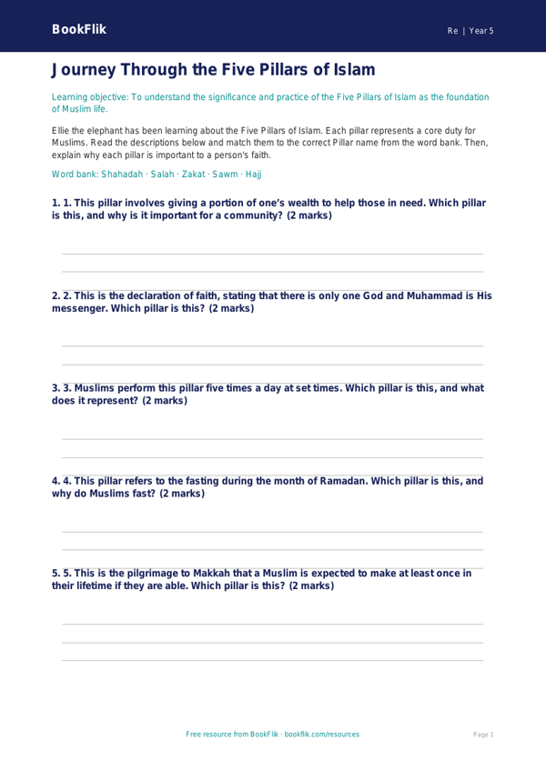 Free Islam Activity Sheet | Year 5 | Religious Education | BookFlik worksheet preview — Re Islam
