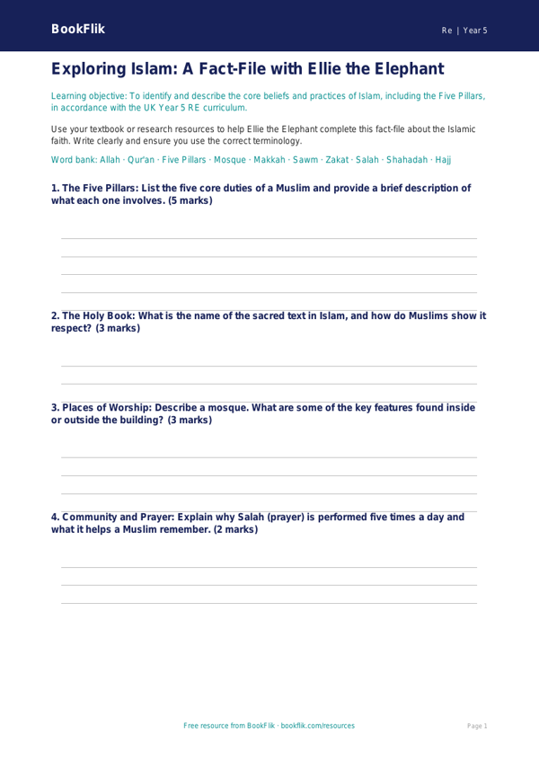 Islam Template Year 5 | Religious Education Resources | BookFlik worksheet preview — Re Islam