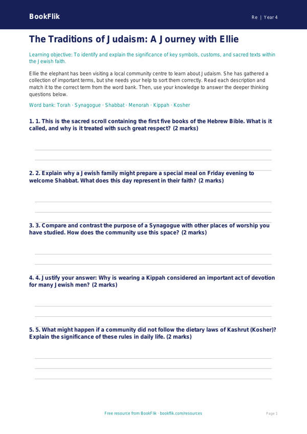 Free Judaism Activity Sheet | Year 4 | Religious Education | BookFlik worksheet preview — Re Judaism