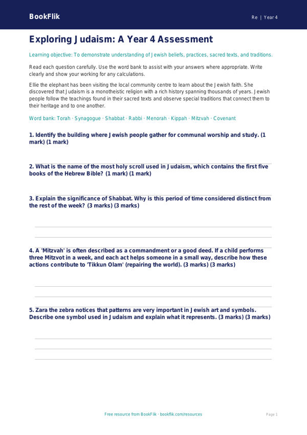 Free Judaism Assessment | Year 4 | Religious Education | BookFlik worksheet preview — Re Judaism