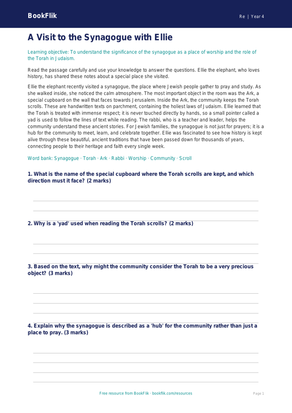 Free Judaism Comprehension | Year 4 | Religious Education | BookFlik worksheet preview — Re Judaism