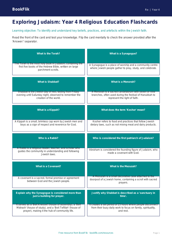Judaism Flashcards for Year 4 | Religious Education Resources | BookFlik worksheet preview — Re Judaism