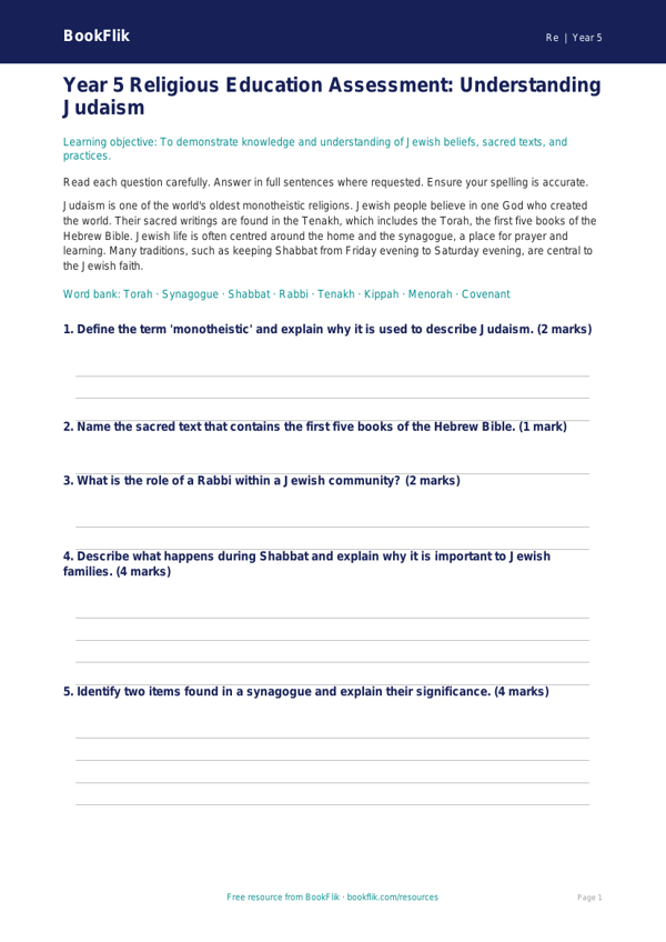 Free Judaism Assessment | Year 5 | Religious Education | BookFlik worksheet preview — Re Judaism