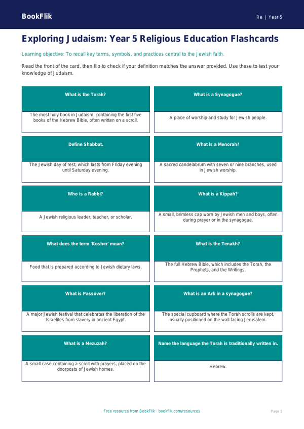 Free Judaism Flashcards | Year 5 | Religious Education | BookFlik worksheet preview — Re Judaism