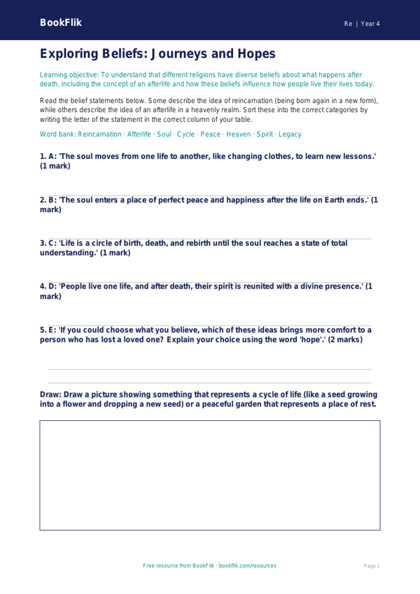 Free Life After Death Activity Sheet | Year 4 | Religious Education | BookFlik worksheet preview — Re Life After Death