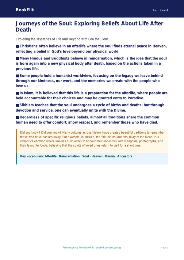 Life After Death Perspectives | Year 4 Religious Education | BookFlik worksheet preview — Re Life After Death