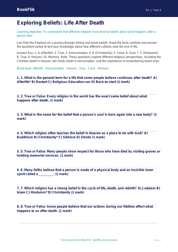Free Life After Death Quiz | Year 4 | Religious Education | BookFlik worksheet preview — Re Life After Death
