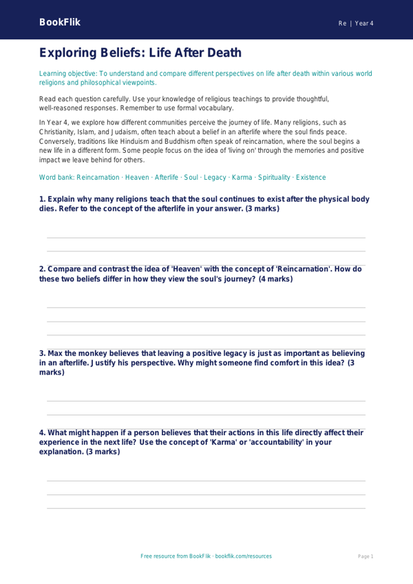 Year 4 Religious Education: Perspectives on Life After Death Worksheet worksheet preview — Re Life After Death