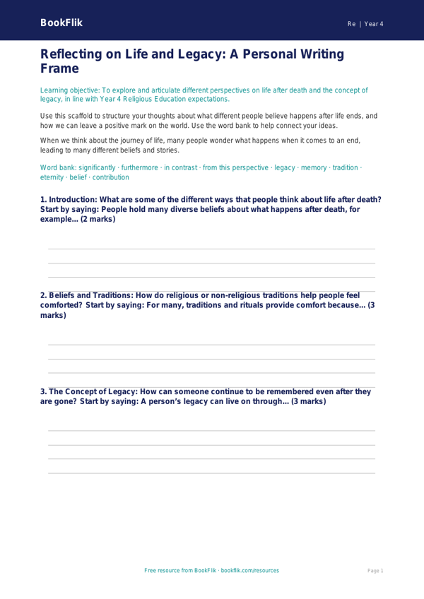 Year 4 Religious Education: Perspectives on Life After Death Writing Frame worksheet preview — Re Life After Death