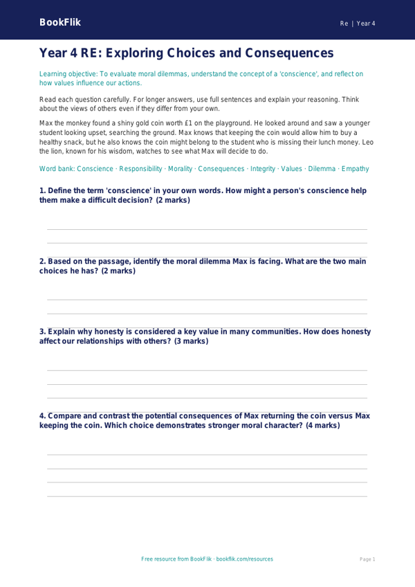 Moral Questions Assessment for Year 4 | Religious Education | BookFlik worksheet preview — Re Moral Questions
