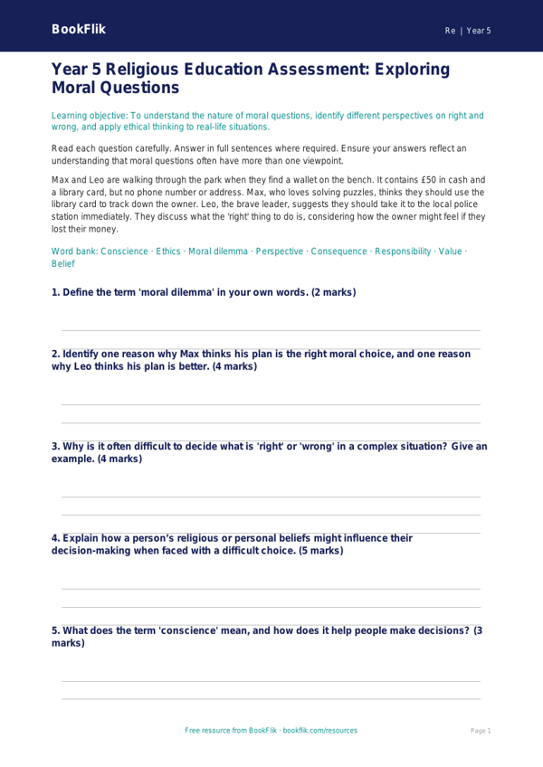 Moral Questions Assessment for Year 5 | Australian Curriculum | BookFlik worksheet preview — Re Moral Questions