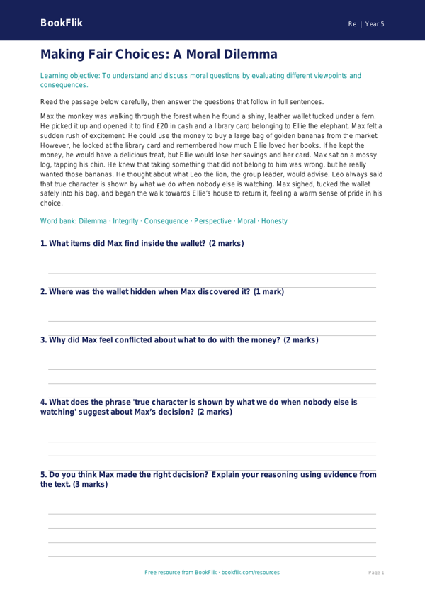 Moral Questions Comprehension Worksheet | Year 5 | Australian Curriculum worksheet preview — Re Moral Questions