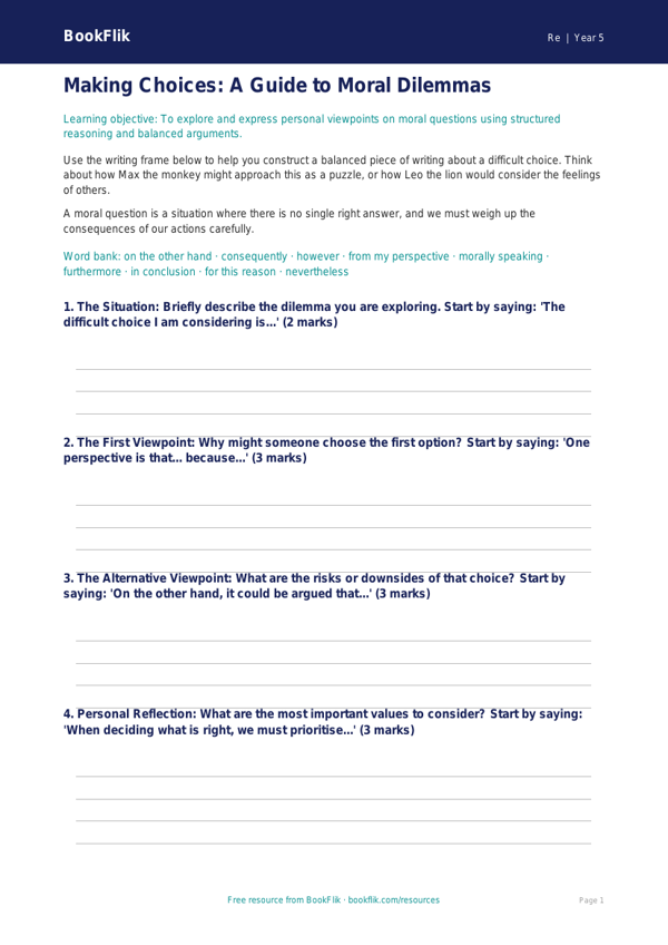 Moral Questions Writing Frame | Year 5 Religious Education | BookFlik worksheet preview — Re Moral Questions