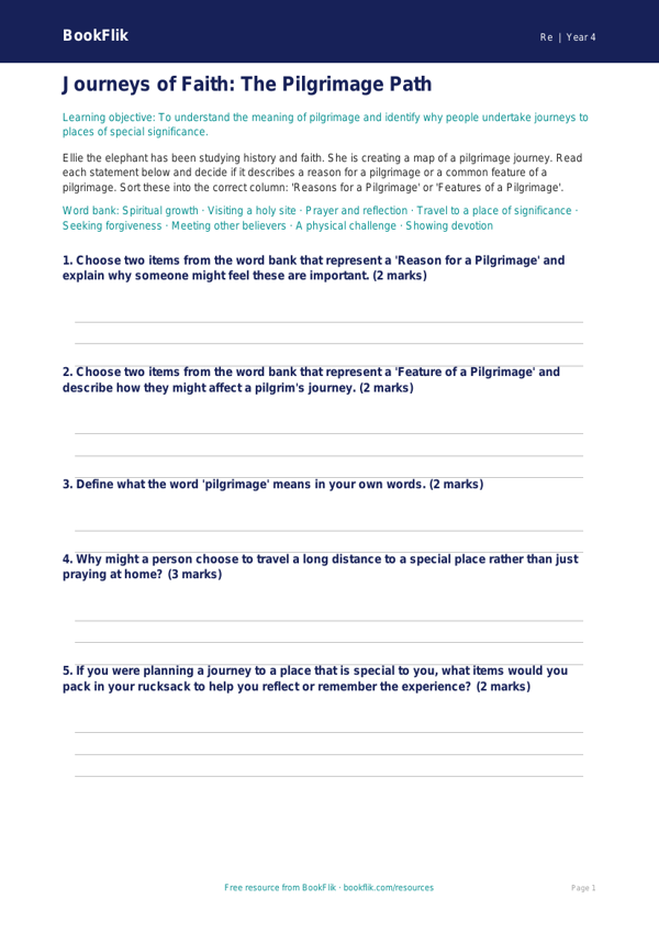 Free Pilgrimage Activity Sheet | Year 4 | Religious Education | BookFlik worksheet preview — Re Pilgrimage