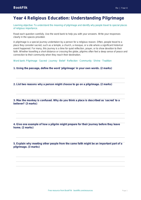 Free Pilgrimage Assessment for Year 4 Religious Education | BookFlik worksheet preview — Re Pilgrimage
