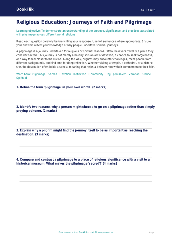 Year 4 Pilgrimage Assessment: Religious Education | BookFlik worksheet preview — Re Pilgrimage